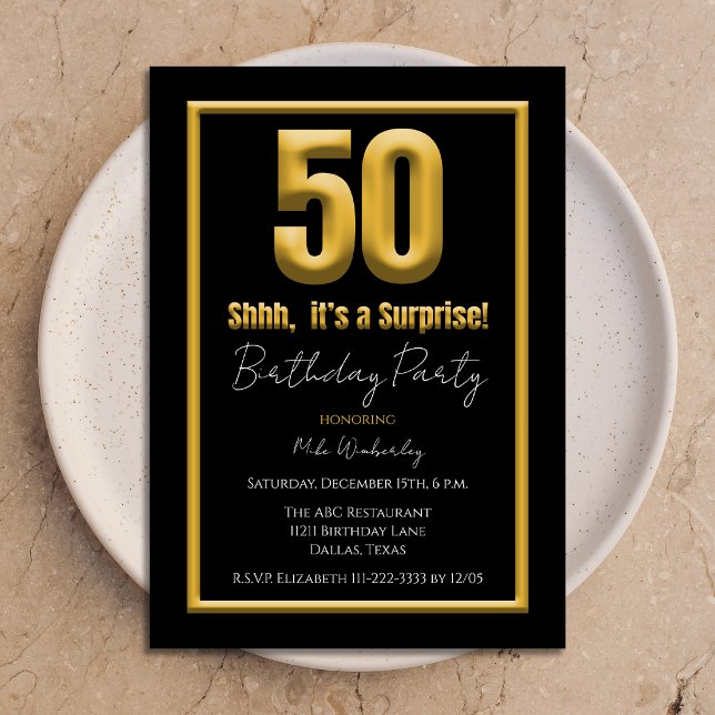 Surprise 50th Birthday Party Gold and Black 50 Invitation (Creator Uploaded)