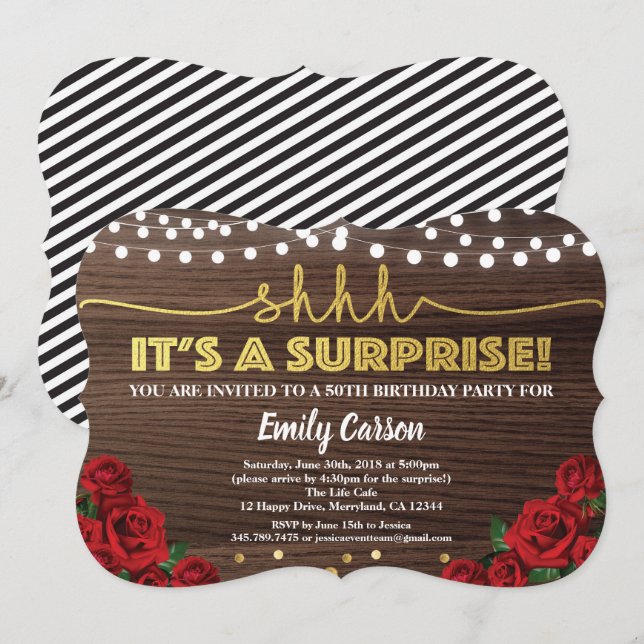 Surprise 50th birthday party gold and red invitation (Front/Back)