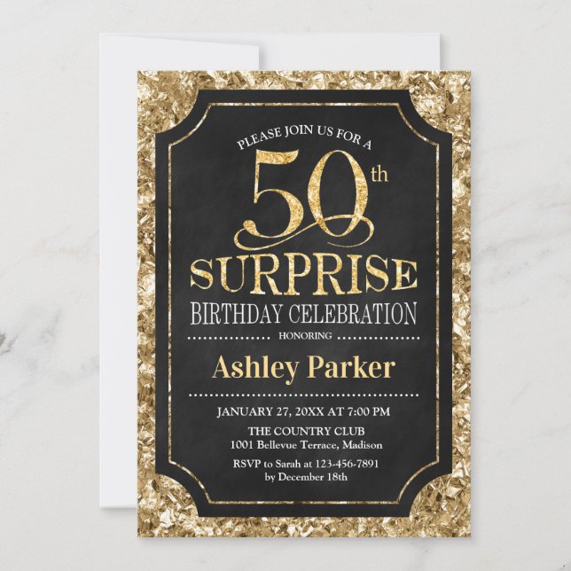 Surprise 50th Birthday Party - Gold Black Invitation (Front)