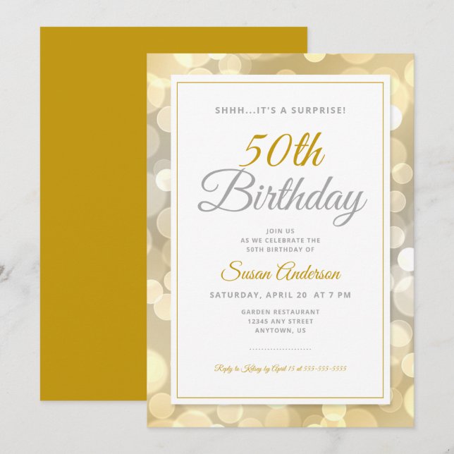 Surprise 50th Birthday Party | Gold Bokeh Invitation (Front/Back)