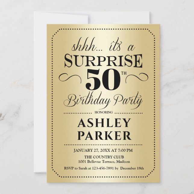 Surprise 50th Birthday Party - Gold Invitation (Front)