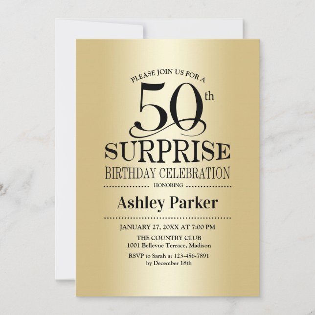 Surprise 50th Birthday Party - Gold Invitation (Front)