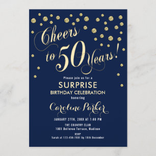 Surprise 50th Birthday Party - Gold Navy Invitation