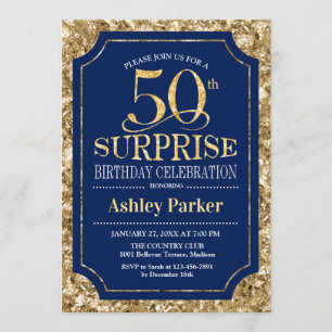 Surprise 50th Birthday Party - Gold Navy Invitation