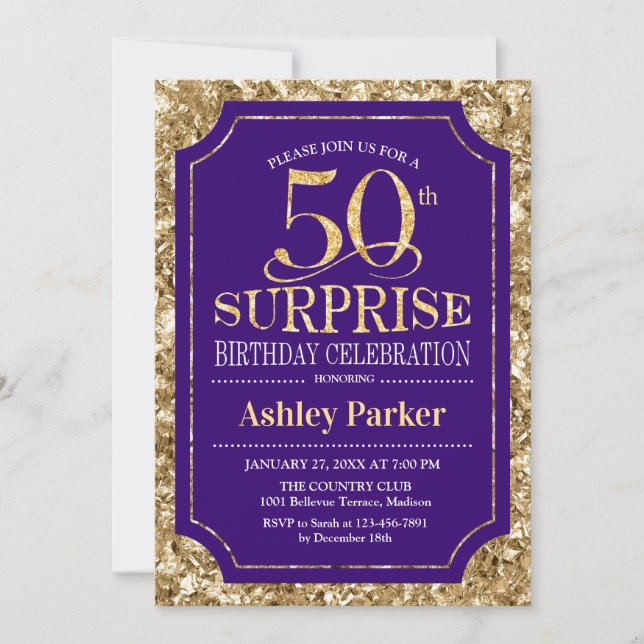 Surprise 50th Birthday Party - Gold Purple Invitation (Front)