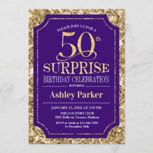 Surprise 50th Birthday Party - Gold Purple Invitation