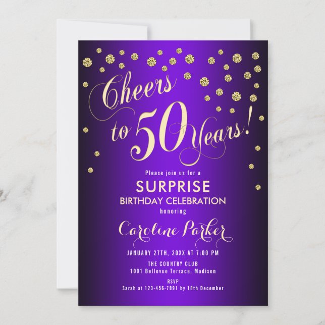 Surprise 50th Birthday Party - Gold Purple Invitation (Front)