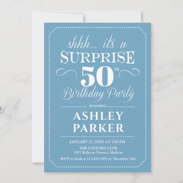 Surprise 50th Birthday Party - Light Blue White Invitation (Front)