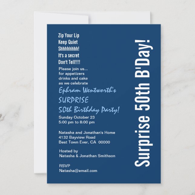 SURPRISE 50th Birthday Party Modern Blue and White Invitation (Front)