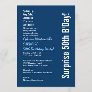 SURPRISE 50th Birthday Party Modern Blue and White Invitation