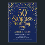 Surprise 50th Birthday Party - Navy & Gold Invitation<br><div class="desc">Surprise 50th Birthday Party Invitation.
Elegant design in navy blue and faux glitter gold. Features stylish script font and confetti. Message me if you need custom age.</div>