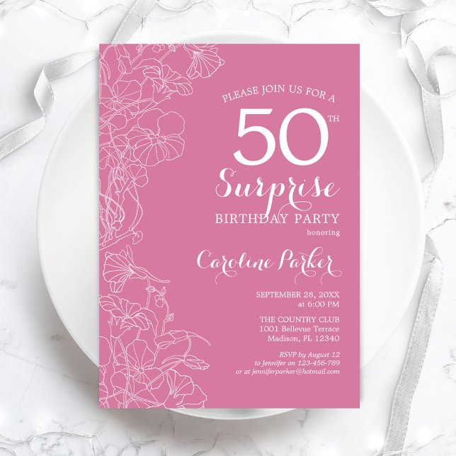Surprise 50th Birthday Party - Pink Floral Invitation (Creator Uploaded)