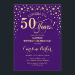 Surprise 50th Birthday Party - Purple Gold Invitation<br><div class="desc">Surprise 50th Birthday Party Invitation.
Elegant design in royal purple and faux glitter gold . Features script font and diamonds confetti. Cheers to 50 Years! Message me if you need further customization.</div>