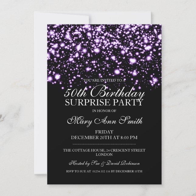 Surprise 50th Birthday Party Purple Midnight Glam Invitation (Front)