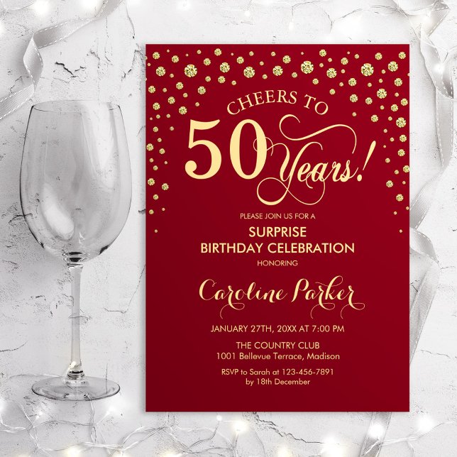 Surprise 50th Birthday Party - Red Gold Invitation (Creator Uploaded)