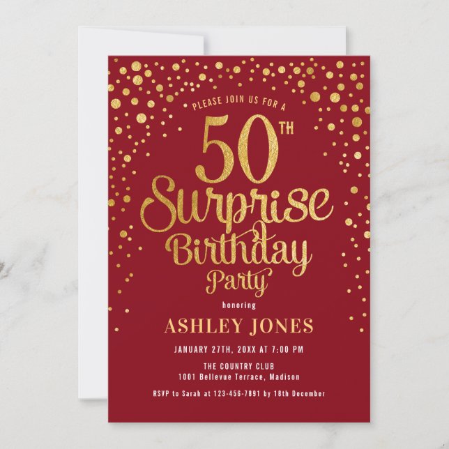 Surprise 50th Birthday Party - Red & Gold Invitation (Front)