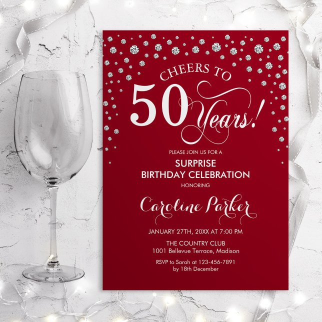Surprise 50th Birthday Party - Red Silver Invitation (Creator Uploaded)