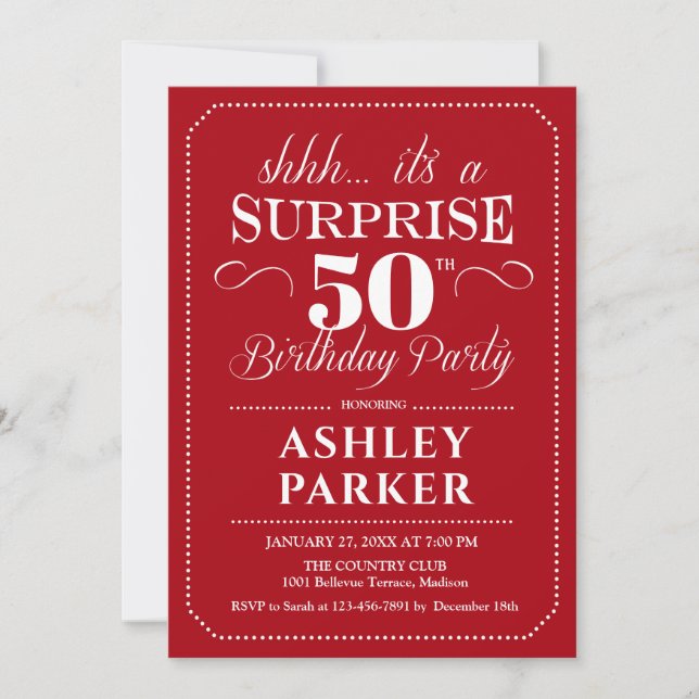 Surprise 50th Birthday Party - Red White Invitation (Front)