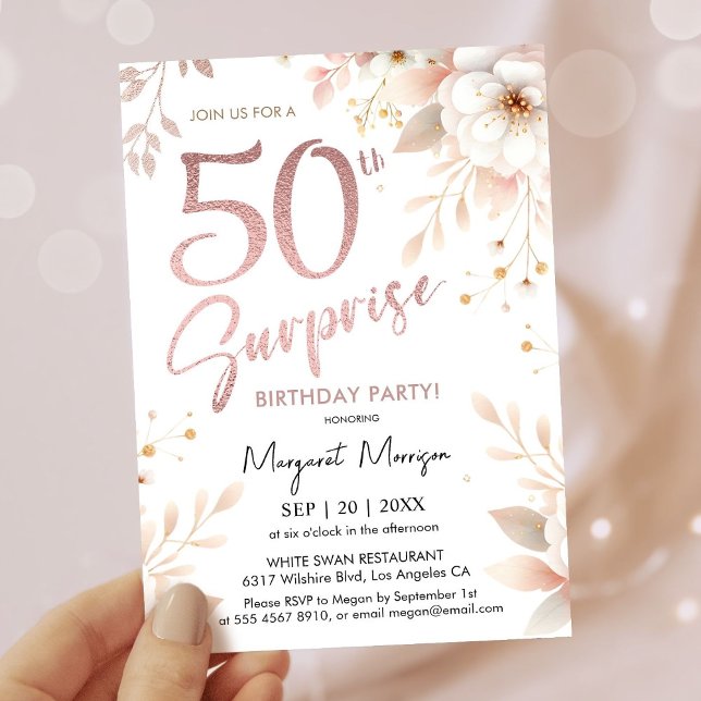 Surprise 50th Birthday Party Rose Gold Girl Floral Invitation (Creator Uploaded)