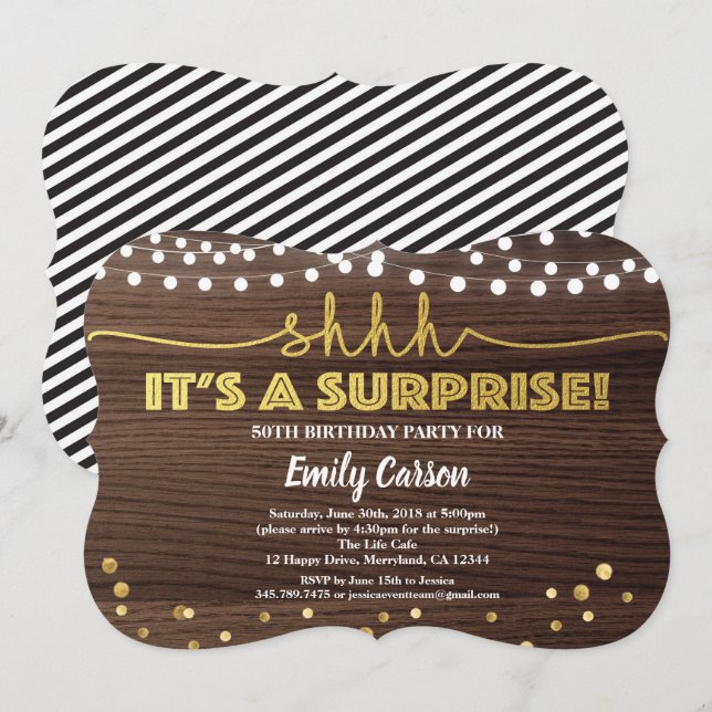 Surprise 50th birthday party rustic wood gold invitation (Front/Back)