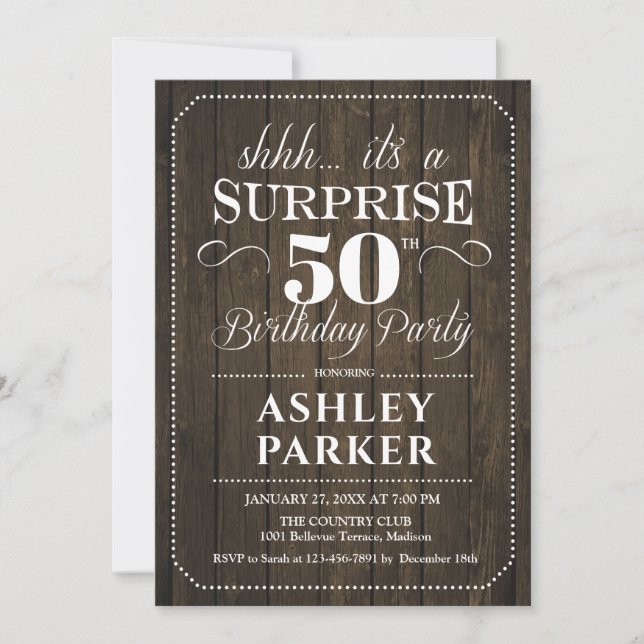 Surprise 50th Birthday Party - Rustic Wood Invitation (Front)