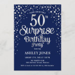 Surprise 50th Birthday Party - Silver & Navy Blue Invitation<br><div class="desc">Surprise 50th Birthday Party Invitation.
 Elegant design in navy blue and faux glitter silver. Features stylish script font and confetti. Message me if you need custom age.</div>