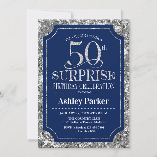 Surprise 50th Birthday Party - Silver Navy Blue Invitation (Front)