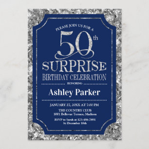 Surprise 50th Birthday Party - Silver Navy Blue Invitation