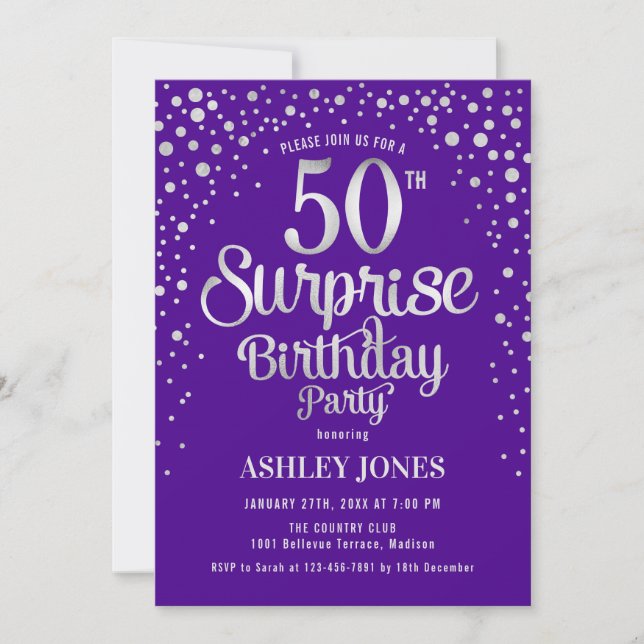 Surprise 50th Birthday Party - Silver & Purple Invitation (Front)