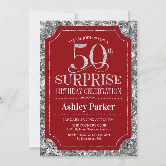 Surprise 50th Birthday Party - Silver Red Invitation (Front)