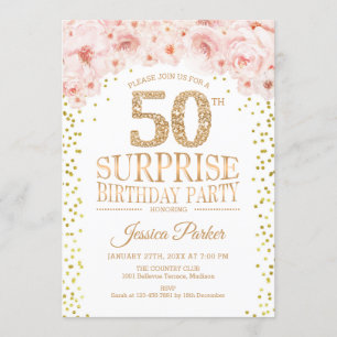Surprise 50th Birthday Party - White Gold Pink Invitation
