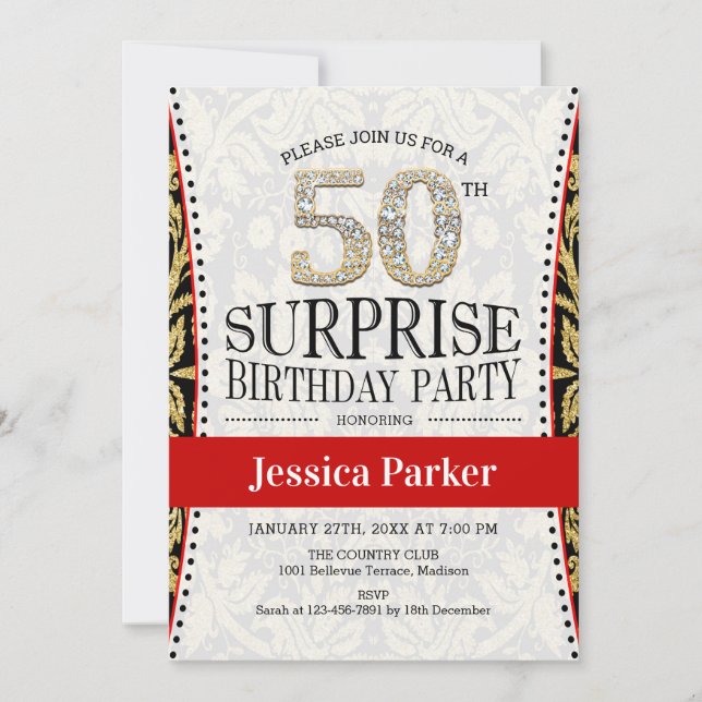 Surprise 50th Birthday Party - White Gold Red Invitation (Front)