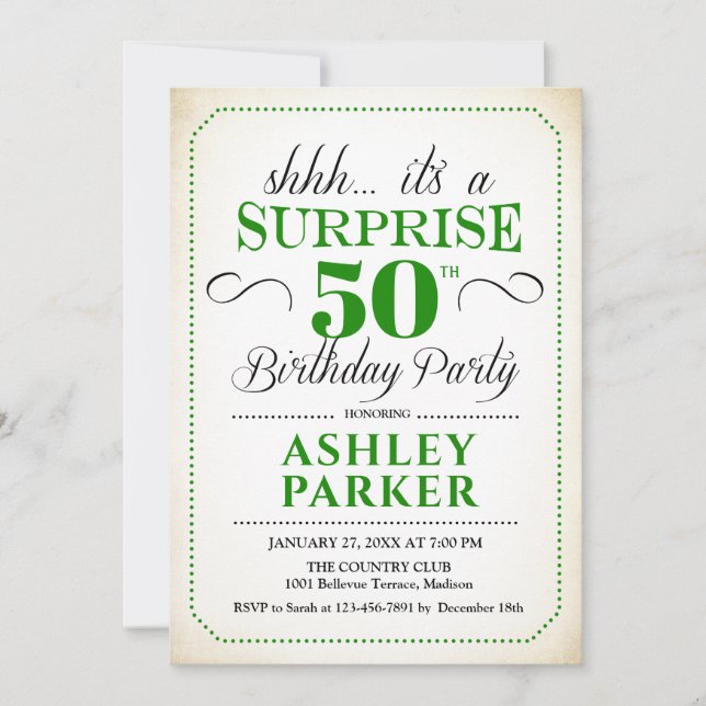 Surprise 50th Birthday Party - White Green Invitation (Front)
