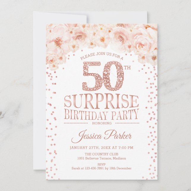 Surprise 50th Birthday Party - White Rose Gold Invitation (Front)