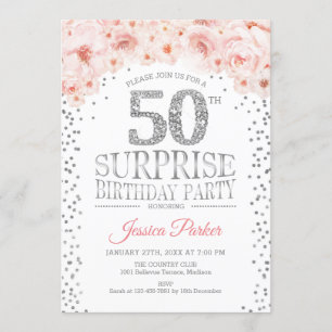 Surprise 50th Birthday Party - White Silver Pink Invitation