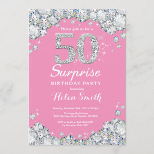Surprise 50th Birthday Pink and Silver Diamond Invitation