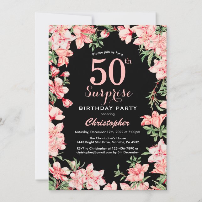 Surprise 50th Birthday Pink Floral Flowers Black Invitation (Front)