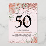 Surprise 50th Birthday Pink Floral Rose Gold<br><div class="desc">Chic girly pink and real rose gold foil 50th birthday party invitation, featuring pastel pink watercolor florals with succulent greenery and faux rose gold glitter. The elegant birthday template is advertised with 'Shhh... It's a Surprise' but this can be deleted if required. The design includes calligraphy script and all text...</div>