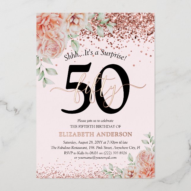 Surprise 50th Birthday Pink Floral Rose Gold (Front)