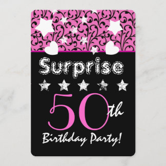 SURPRISE 50th Birthday Pink Swirls Hearts Stars Invitation