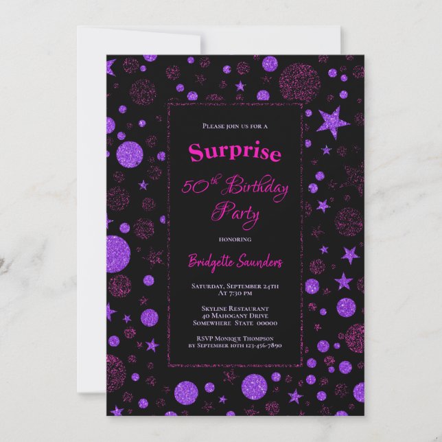 Surprise 50th Birthday Purple and Black Party Invitation (Front)