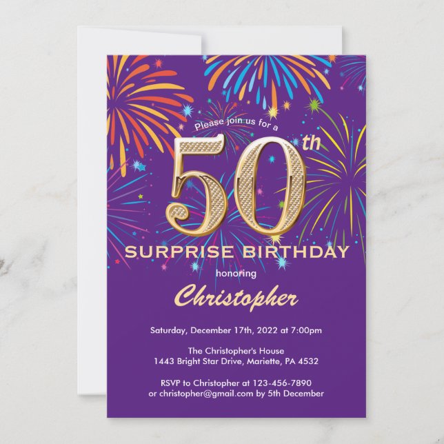 Surprise 50th Birthday Purple and Gold Firework Invitation (Front)