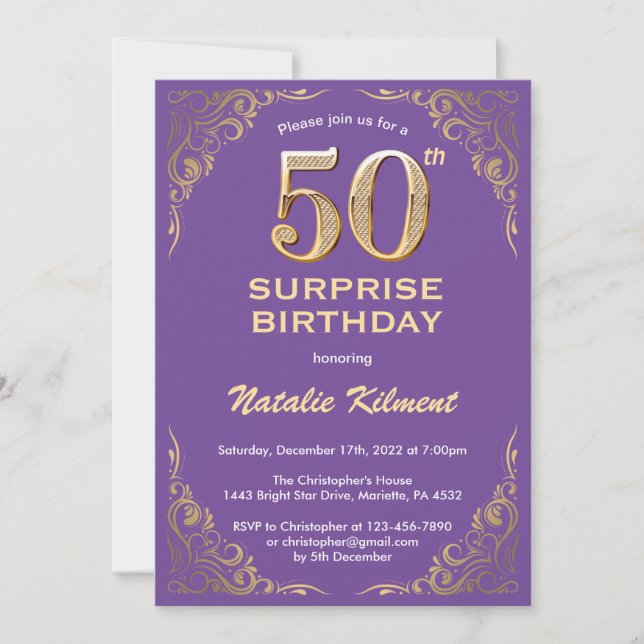 Surprise 50th Birthday Purple and Gold Glitter Invitation (Front)