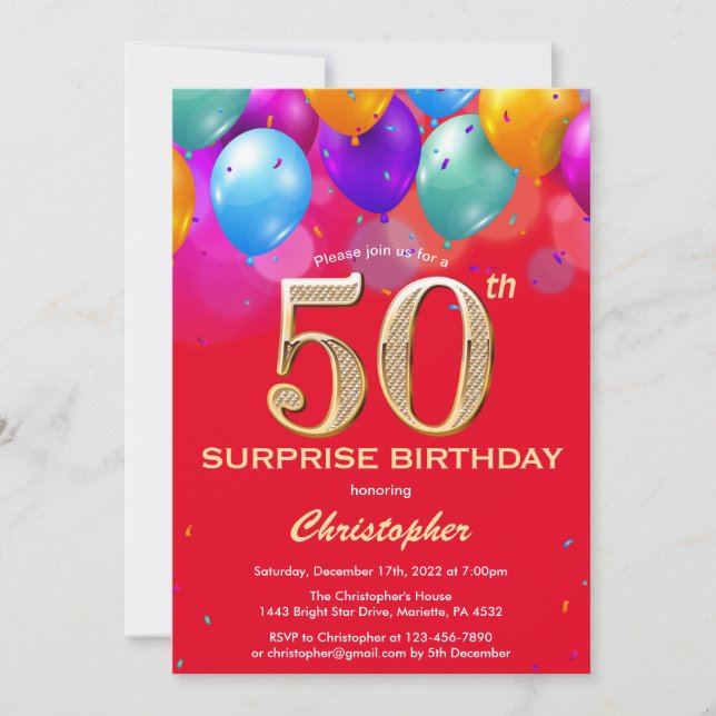 Surprise 50th Birthday Red and Gold Balloons Invitation (Front)