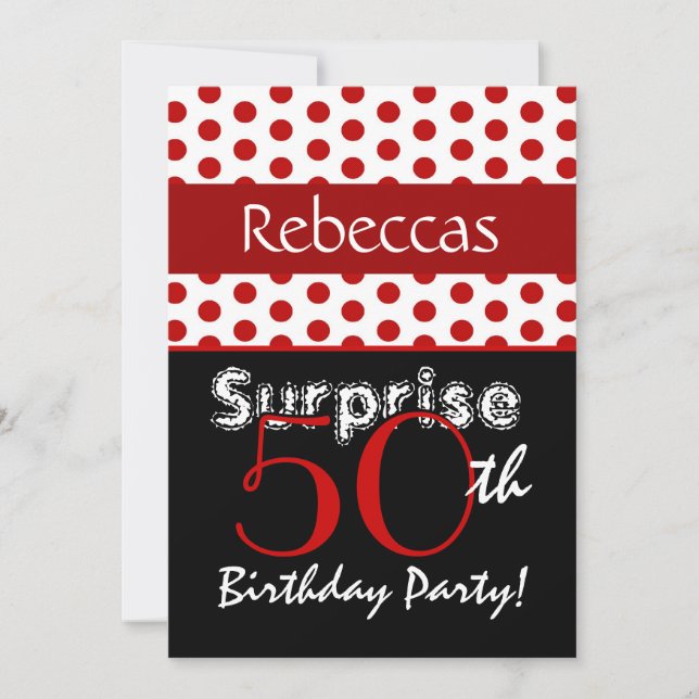 SURPRISE 50th Birthday Red Polka Dots T552 Invitation (Front)