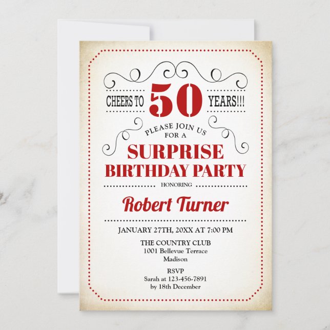 Surprise 50th Birthday - Red White Black Invitation (Front)