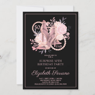 Surprise 50th Birthday Rose Gold Black Party Invitation