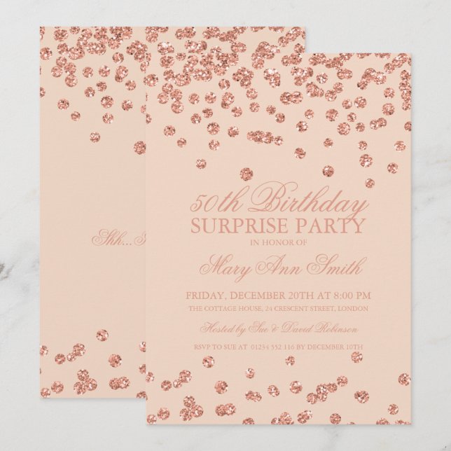 Surprise 50th Birthday Rose Gold Glitter Blush Invitation (Front/Back)