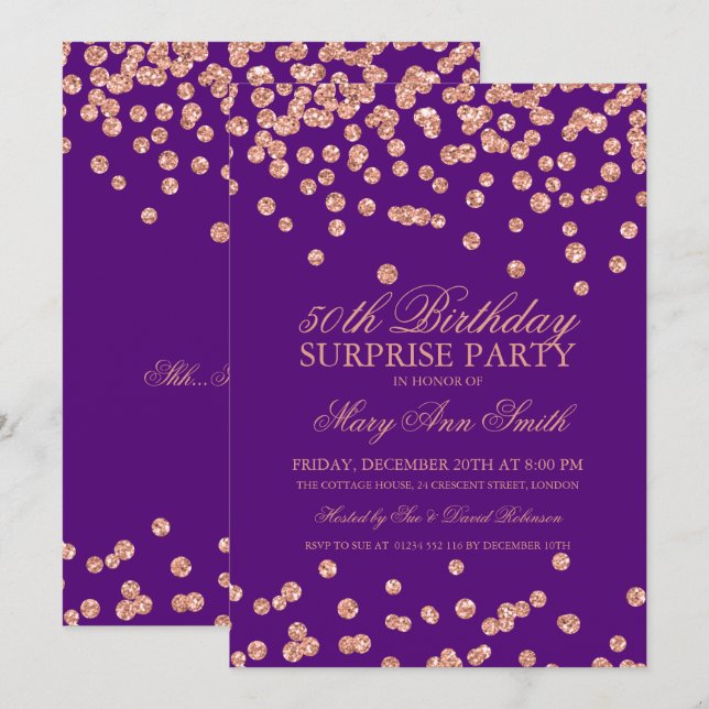 Surprise 50th Birthday Rose Gold Glitter Purple Invitation (Front/Back)