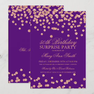 Surprise 50th Birthday Rose Gold Glitter Purple Invitation